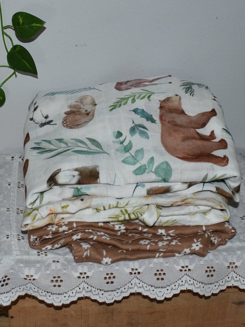 Set of 3 Nursery Muslin Swaddle Baby Blankets - Forest Animals Bunnies Flowers